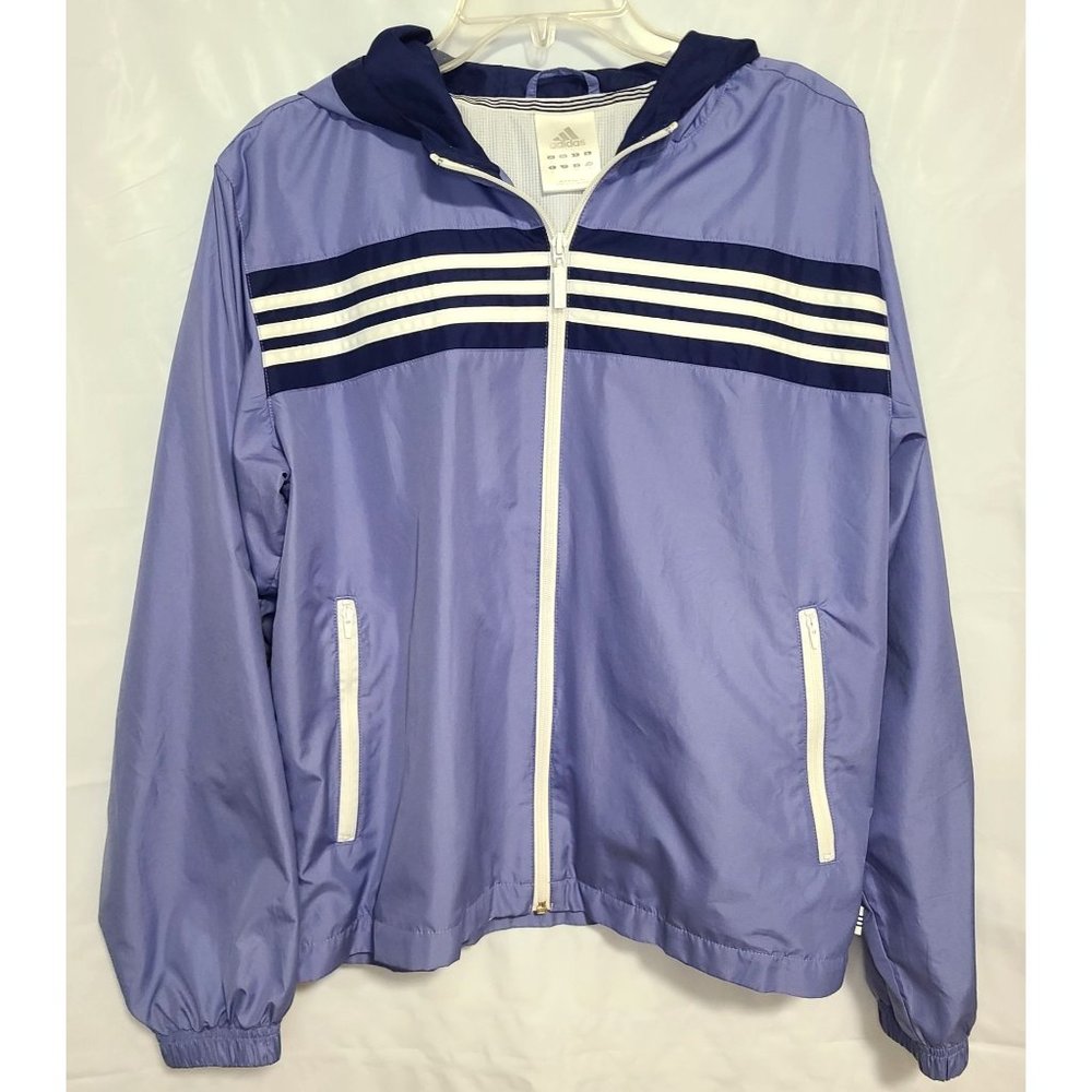 Adidas Womens 2002 3 Stripes Logo Light Blue/Navy Windbreaker Jacket Size Large
